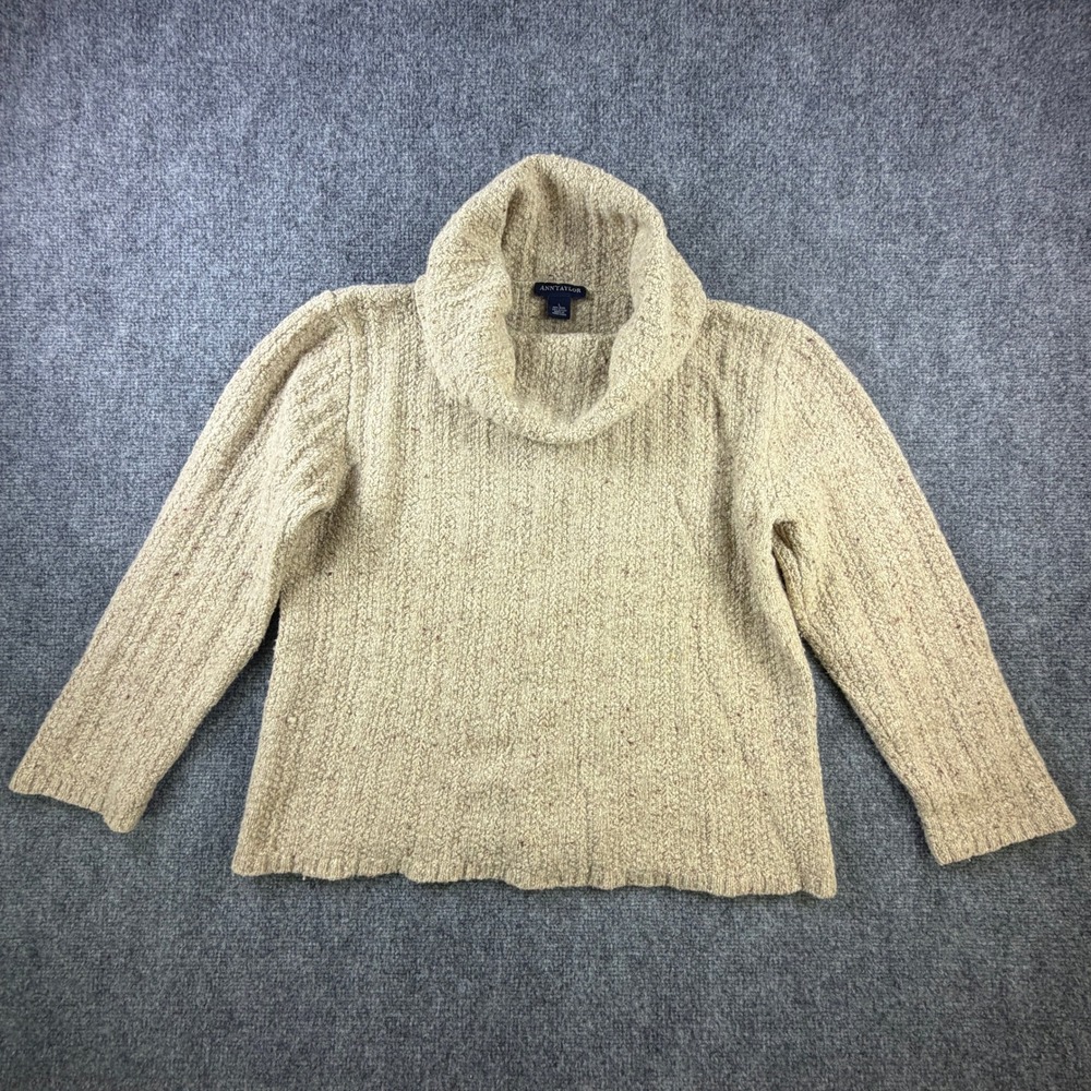 Ann Taylor Wool Blend Boucle Cowl Neck Sweater L Beige Chunky Knit Boxy Nubby